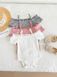 SHEIN LMoss Kids 新生女嬰休閒可愛簡約針織素色露肩短袖連身衣 3件組 - 彩色 - 查看 5