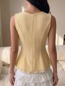 Modelyn Women's Spring/Summer Pale Yellow Woven Lace Sleeveless Waist-Cinching A-Line Commuter Frenchy Elegant Casual Tank Top Brunch Date - Yellow - View 4
