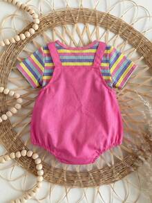 SHEIN Newborn Baby Boys' 2pcs Set,Pink,Summer,Cute,Family Matching Striped Overall,White Knitted Peter Pan Collar Top,Striped Buttoned Hat,Casual Outfit - Pink - View 5