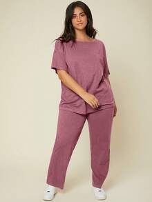 SHEIN BASICS 大尺碼女款素色短袖上衣與長褲休閒日常套裝 - 藕粉色 - 查看 1