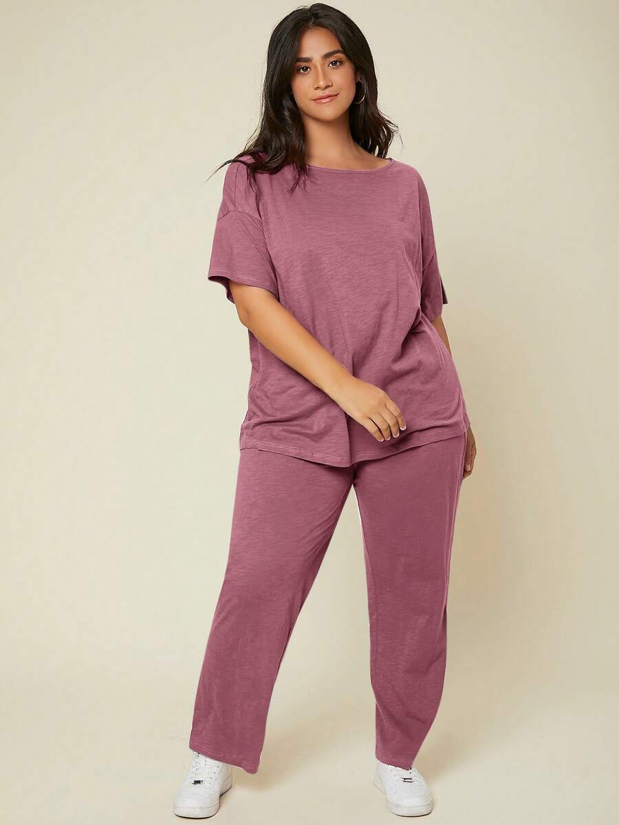 SHEIN BASICS 大尺碼女款素色短袖上衣與長褲休閒日常套裝 - 藕粉色 - 查看 1