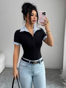 SHEIN PETITE Hot-Selling Blue And White Striped Shirt Collar Patchwork Black Knit Placket Button Decor Short Sleeve Cuff Patchwork Blue And White Striped Knit T-Shirt - Black - View 4