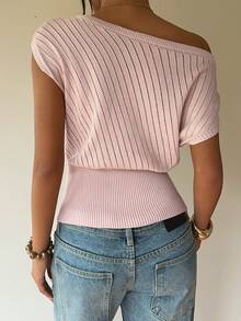 Siren Gaze Women's New Summer Pink Leather Asymmetrical Neckline Knit Top - Pink - View 2