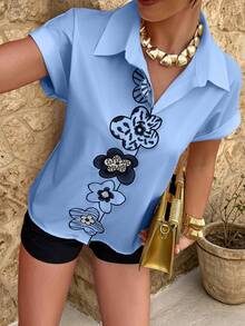 Flora Isola Flora Isola 春夏季女款刺繡3D花卉休閒度假襯衫 - 淺藍色 - 查看 5