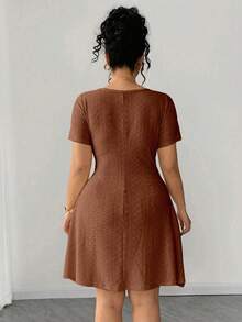 Elenzga Plus Size Fitted Slimming Fashion Yellow Jacquard Dress - Brown - View 2
