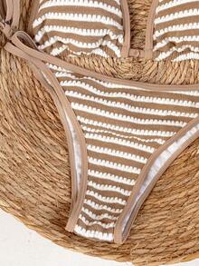 Swim Vcay Bikini Seksi Wanita Musim Semi/Panas 2026, Model Segitiga dengan Leher Halter, Garis-garis Cokelat dengan Liontin Emas, Tali Bahu Tunggal Berongga, Desain Tali Serut Berkerut yang Dapat Diatur, Potongan Tinggi, Gaya Kasual, Cocok untuk Pantai, Tepi Laut, dan Kolam Renang - Coklat - View 5