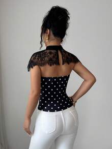 SHEIN Elenzya 女款夏季性感對比蕾絲波點印花修身上衣 - 黑與白 - 查看 2