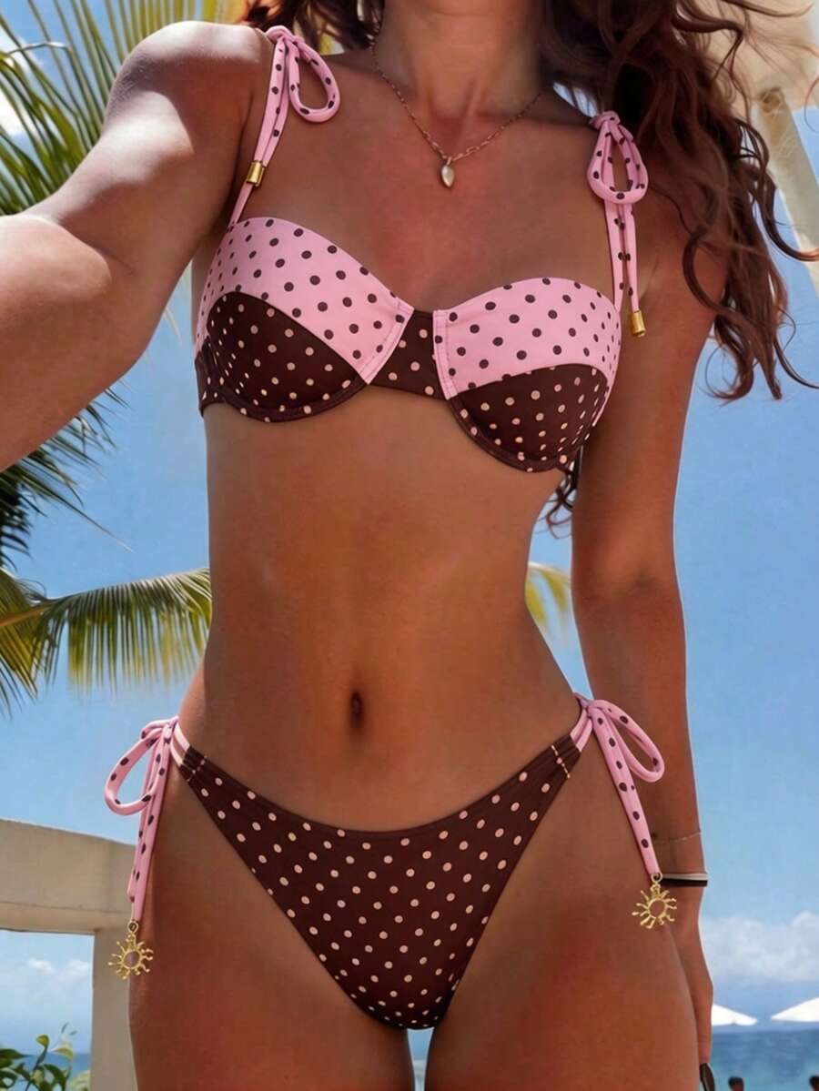 Swim Mod 夏季春夏新款歐美風咖啡色底粉色波點印花三角比基尼兩件套,肩帶綁繩,平口上衣含鋼圈支撐,性感三點式高衩三角泳褲,小胸聚攏無肩帶比基尼泳衣,適合女性與女孩,甜美熱情適用溫泉海灘度假生日派對 - 彩色 - 查看 1