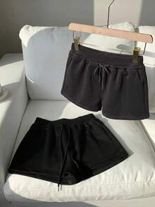 Comfortcana 2件套女士纯色系带休闲短裤套装，日常穿着，黑色和棕色 - 彩色 - 查看 5