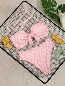 Elavelle Women's Spring/Summer Jacquard Fabric Spaghetti Strap Lace-Up Lace Bikini Set Beach Pink Cute Elegant Modest Tropical - Pink - View 2