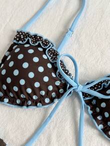 Swim Vcay 新款春夏海灘泳池派對度假時尚性感可愛圓點印花荷葉邊抽繩細肩帶比基尼兩件式泳衣女款 - 藍色 - 查看 6