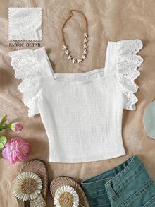 SHEIN Camiseta de unicolor con cuello cuadrado, bordado calado y mangas con volantes para niña preadolescente - Blanco - Ver 3