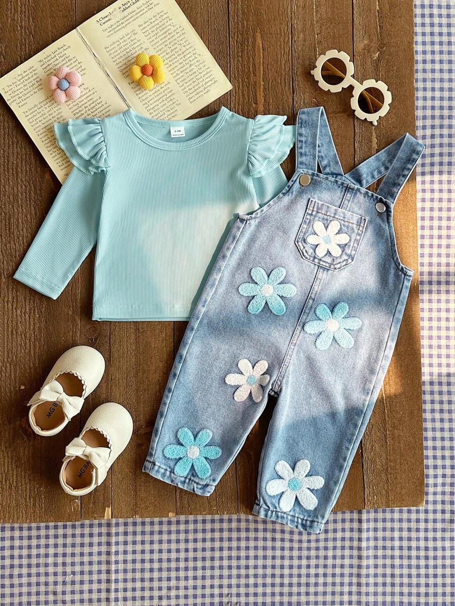 SHEIN Vintaside Kids 嬰幼兒男女通用 0-3 歲 春/秋 紫色甜美風花卉刺繡裝飾牛仔長褲、圓領長袖套頭上衣搭配牛仔吊帶褲套裝,適合外出、購物與休閒穿著 - 藍色 - 查看 1