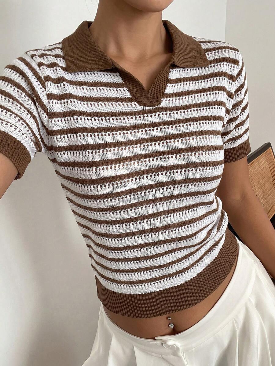 DAZY 條紋POLO領短袖休閒春夏女款針織上衣 - 卡其色 - 查看 1