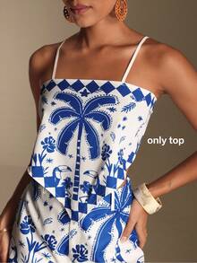 Swim Oasis Women's Elegant Tropical Shell Print Blue And White Boho Cropped Top Shorts Outfit Sets,Summer Casual Tropical Holiday Vacation Beach Resort Wear - Blue - View 1