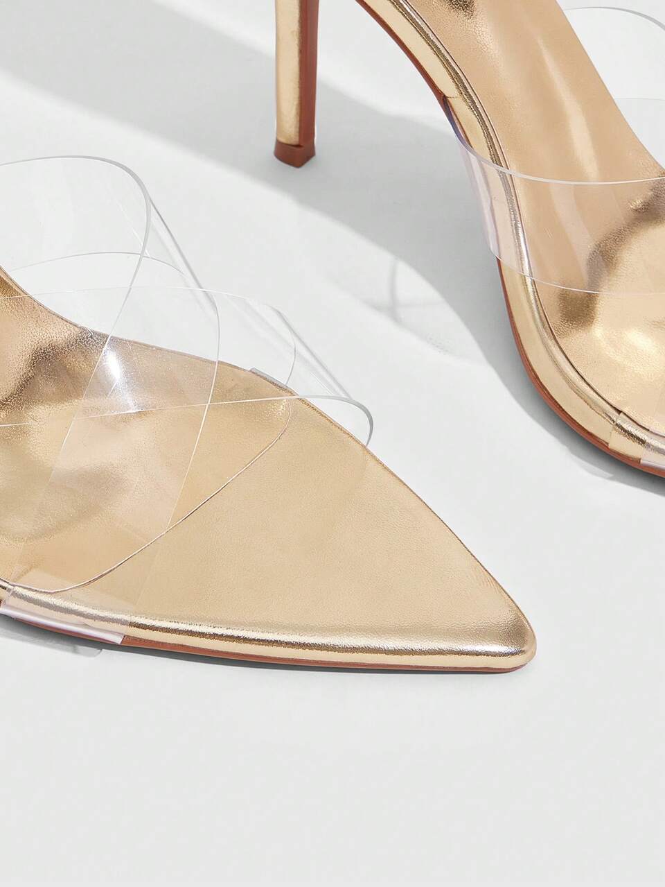 CUCCOO SZL Women Shoes Gold Transparent Cross Strap Fashionable Sexy Pointed Stiletto Sandals