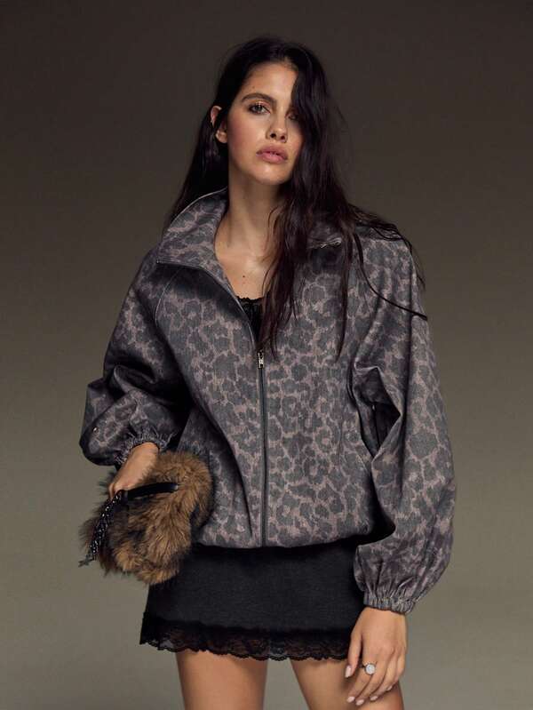 BAD SUNDAY All Season Women's Leopard Print High Neck Long Sleeve Zipper Jacket Coat, Versatile For Commuting, Daily Outings, Vacation, Music Festival, Vintage Y2K