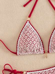 Vaytide Women's Hollow Fabric Blue Shell Flower Pearl Trim Sexy Style Triangle Bag - Red - View 4