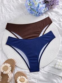SHEIN Women's Solid Color Ruched Triangle Bikini Bottoms 2pcs Set, Suitable For Summer Vacation Beach - Multicolor - View 2