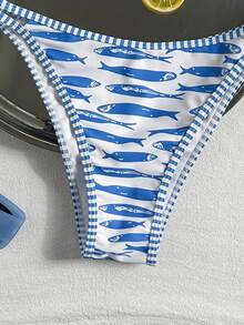 Swim Mod 2026 Spring/Summer 2-Piece Women's New Double Strap Adjustable Blue Ditsy Floral Random Print Gold Round Charm Decor High Cut Sexy Vacation Bikini Set Set - Multicolor - View 6