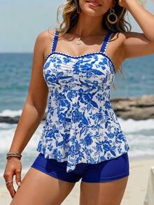 Swim Lushoire Bộ Tankini nữ 2 món họa tiết phối màu tương phản, ngực nhún bèo - Xanh và trắng - Xem 4