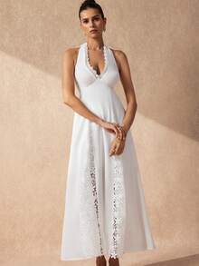 SHEIN Uhlyne Women's Hollow Lace Patchwork Full Skirt Long Elegant Romantic Tropical Party Vacation Dress, White Halter Neck Tie, Wedding Guest Beach Outfit Summer - White - View 1