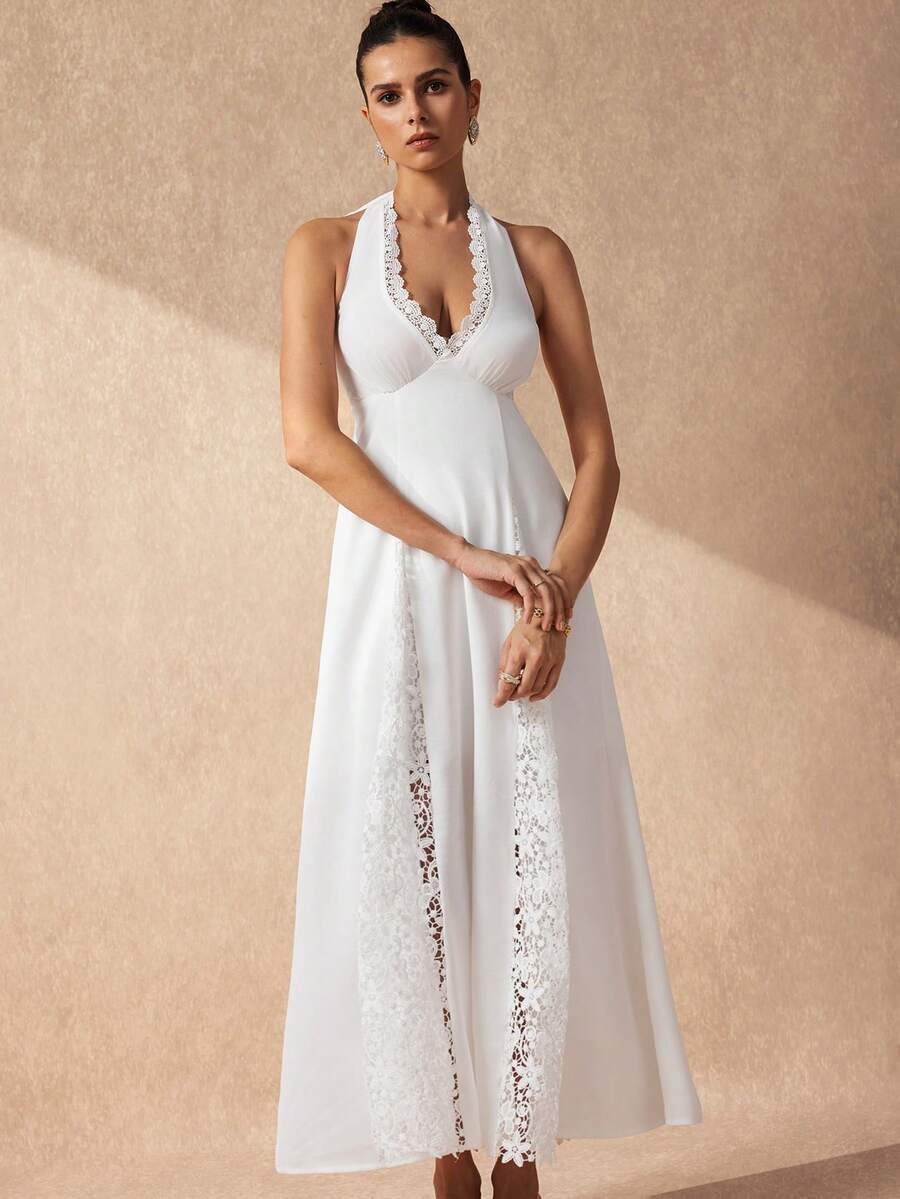 SHEIN Uhlyne Women's Hollow Lace Patchwork Full Skirt Long Elegant Romantic Tropical Party Vacation Dress, White Halter Neck Tie, Wedding Guest Beach Outfit Summer - White - View 1
