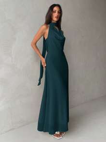 Aloruh Women's Yellow Cowl Neck A-Line Backless Dress With Straps - Teal Blue - View 5
