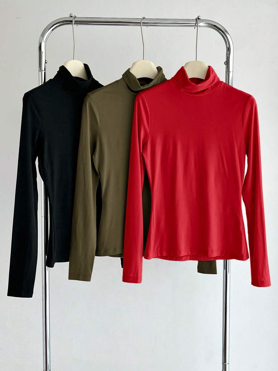 SHEIN BASICS 3件組純色針織高領修身女款長袖基礎層T恤 - 彩色 - 查看 1