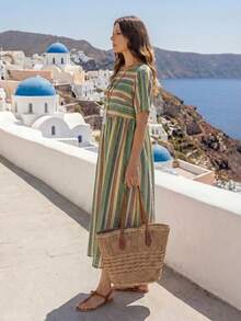 EMERY ROSE Women's Plus Size Yarn-Dyed Striped Round Neck Short Sleeve Casual Dress - Green - View 4