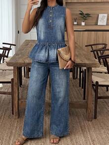 EMERY ROSE EMERY ROSE Women's Pastal Washed Summer Casual Sexy Denim Two-Piece Set, Sleeveless Henley Neck Peplum Top High-Waisted Wide Leg Pants Co-Ord Suit Swimming - Blue - View 8