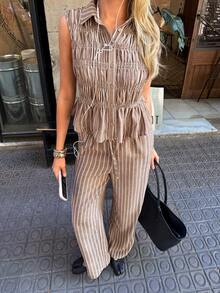Siren Gaze Linen-Feel White And Brown Polka Dot Two-Piece Set: Sleeveless Ruched Shirt With Collar + High-Waisted Wide-Leg Pants, A Slimming Casual Vacation Set - Brown - View 4