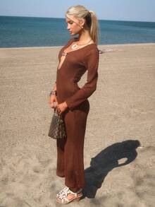 Sydney Algeri 1 Stück Damen Strick Kleid mit V-Ausschnitt, Langarm und Fischschwanz-Silhouette, einfarbig, für Herbst/Winter, Weihnachten, Hochzeit, Cocktailparty, Galaanlässe, Urlaub - Braun - Übersicht 6