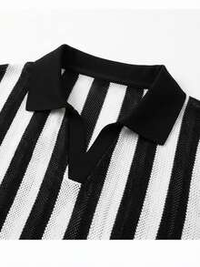 EGENSIO Kemeja Polo Pria Lengan Pendek Bergaris Hitam Putih dengan Desain Blok Warna - Hitam - View 4