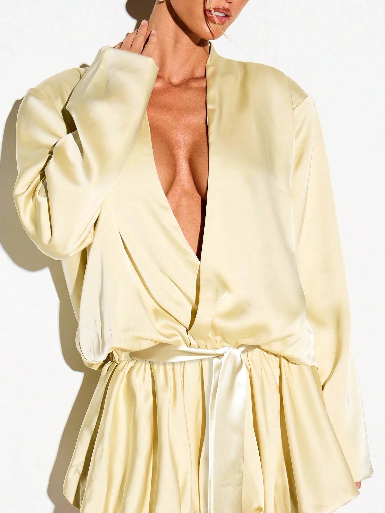 Satin Plunge Neck Romper With Bubble Hem