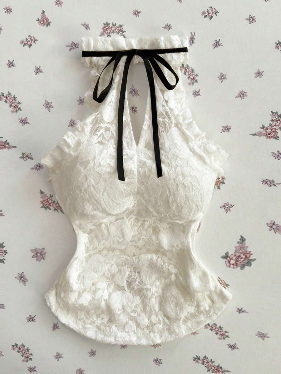 Elamini 春夏秋白色針織提花花卉性感優雅時尚前衛鏤空無袖露肩荷葉邊黑色蝴蝶結收腰黑白對比色女款背心上衣 - 杏色 - 查看 1