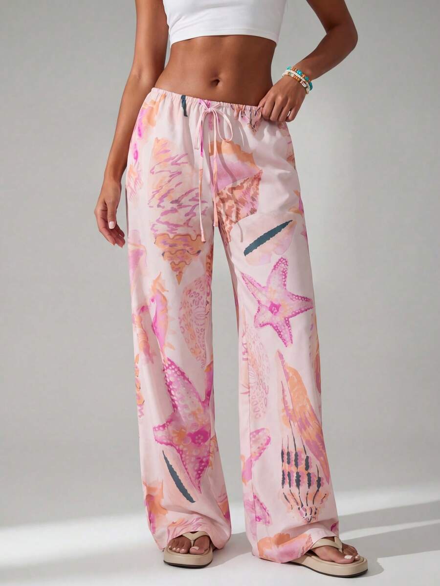 SHEIN PETITE 春夏優雅休閒外出海灘度假印花寬鬆女款長褲,優雅貝殼印花,春夏度假穿搭,適合嬌小女性 - 粉色 - 查看 1