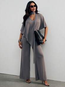 Hauture Damen Sexy Elegante Lässige Stretch Weiche Strick Lose Passform Schal Bindung Jumpsuit, Vielseitige Komfort Kleidung, Hochzeiten Brunch, Babypartys, Grau Herbst - Dunkelgrau - Übersicht 1