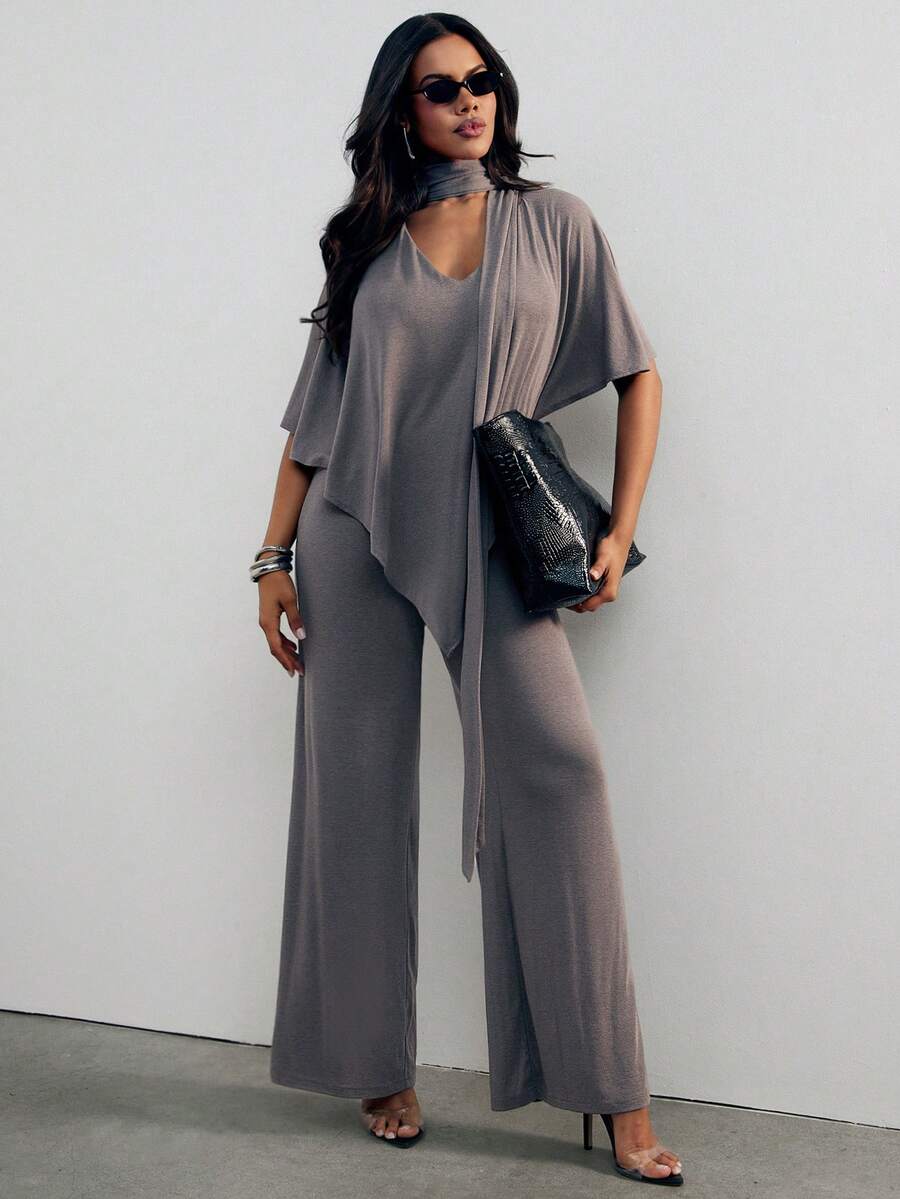 Hauture Damen Sexy Elegante Lässige Stretch Weiche Strick Lose Passform Schal Bindung Jumpsuit, Vielseitige Komfort Kleidung, Hochzeiten Brunch, Babypartys, Grau Herbst - Dunkelgrau - Übersicht 1