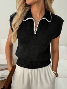 SHEIN LUNE Top de punto con cuello en V y ribete de contraste, conjunto básico de moda casual para mujer, ideal para vacaciones de verano, ir al trabajo, uso diario y salidas - Negro - Ver 7