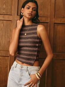 Poéselle Women's Brown Stripe Colorblock Casual 2000s Versatile Daily Outing Top Vacation Summer - Brown - View 4