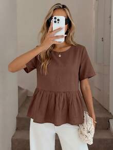 Easowa 100 Cotton Round Neck Ruched Ruffle Hem Short Sleeve Blouse, Casual Commute Brunch Resort Style For Women, Summer Top Coffee Brown - Brown - View 5
