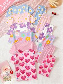 [Random 2 Sets]Girls Toddler Round Neck Pullover Knit High Elasticity Knit Fabric Fitted Comfortable Casual White Short Sleeve Shorts Loungewear Girls Summer Pajamas Sweet Fresh Style Daisy Heart Polka Dot Colorful Floral Etc. Childlike Print Knit Elastic Fabric Comfortable Soft Skin-Friendly Round Neck Short Sleeve Shorts Loungewear Pajamas Lively Cute 2-Piece Set - Pink - View 2