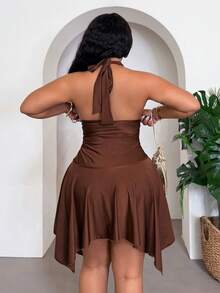 Slaydiva Spring Summer Party Evening Rave Valentine's Day Elegant Sexy Solid Chocolate Brown Halter Neck Asymmetrical Hem Ruched A-Line Dress Women's Plus Size - Brown - View 3