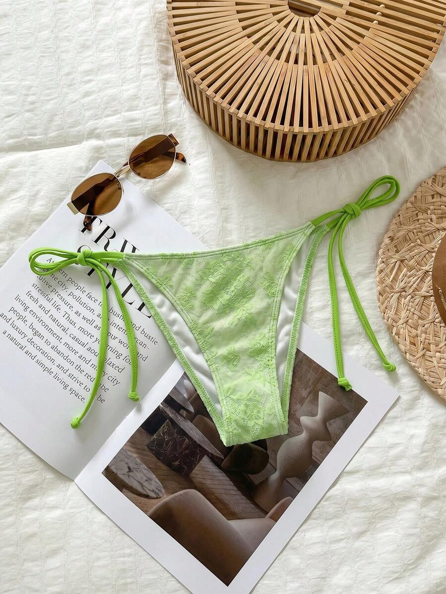 SHEIN Swim Lime Green Lace Sweet Cute Vintage Tropical Breezy Sexy Casual Vacation Beach Party Seaside Women's Swimwear Bottoms Summer - Green - View 1