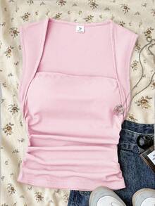 SHEIN Teen Girls T-Shirts Summer Solid Ruched Side Tank Top - Pink - View 3