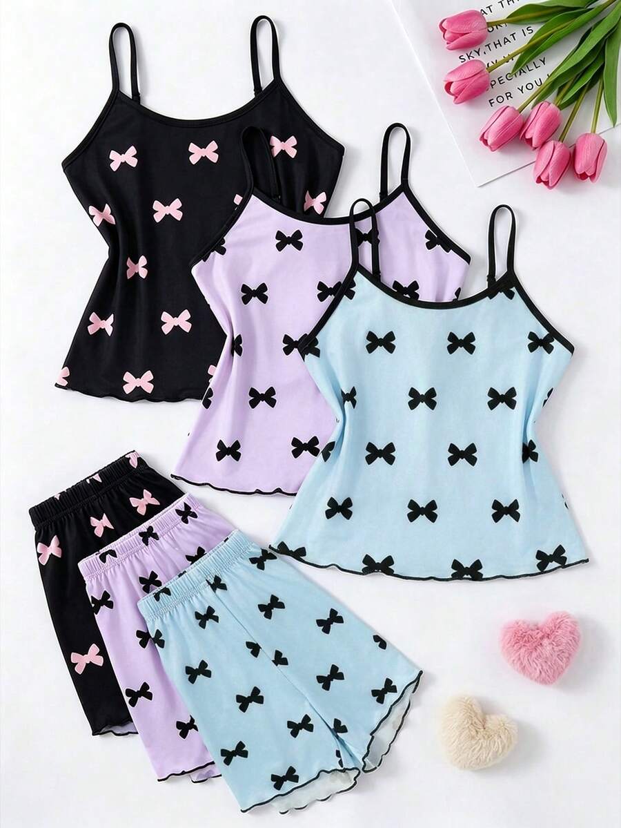 SHEIN 3-Piece Tween Girl Pajama Set Round Neck Sleeveless Spaghetti Strap Camisole Shorts Summer Black Pink Beige Bowknot Print Casual Homewear Loungewear Lightweight Breathable Polyester Smooth Fabric Lettuce Edge Wavy Trim Comfortable Relaxed Fit Stylish Modern Chic Sleepwear - Multicolor - View 1