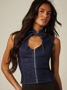 MISSGUIDED Fitted Keyhole Stretch Denim Corset Style Sleeveless Top With Zipper Closure And Tie Detail - Dark Wash - View 5