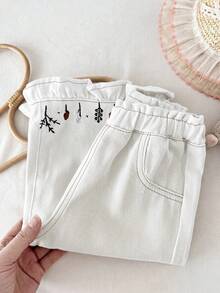 LMoss Kids Baby Girls' Floral Embroidery Loose Khaki Denim Pants - White - View 9
