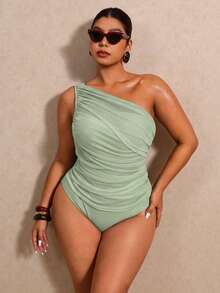 Elaquor Plus Size Women's Solid Color Ruched One Shoulder One-Piece Swimsuit, Suitable For Beach Vacation, Pool Party, Beach Party - Mint Green - View 1